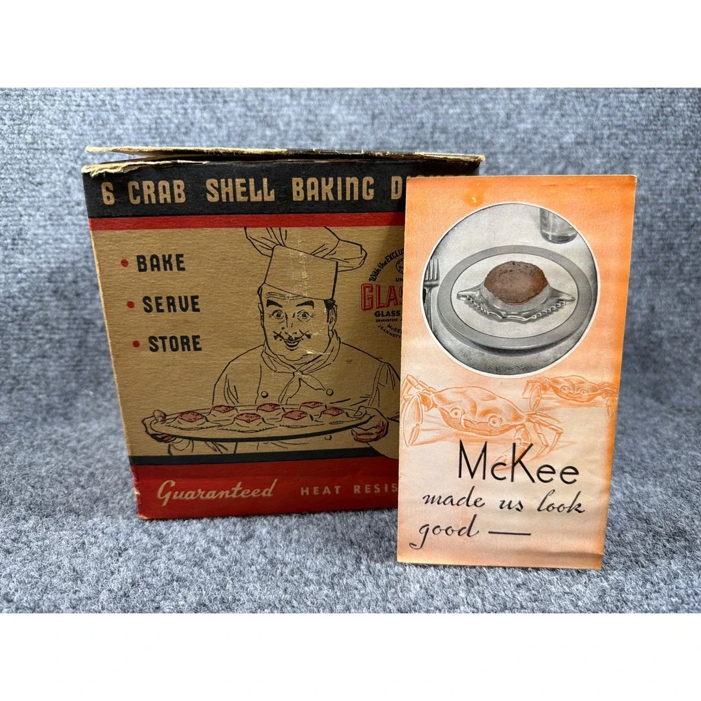 Vintage Glasbake Crab Shell Baking Dishes Set of 6 McKee Glass Co Clear Boxed